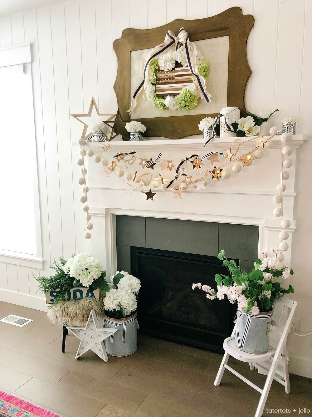 Neutral Fourth of July Mantel - Farmhouse/Cottage Style. FIVE easy DIY elements to create a neutral Fourth of July mantel. Neutral elements are easy to integrate into any type of decor.