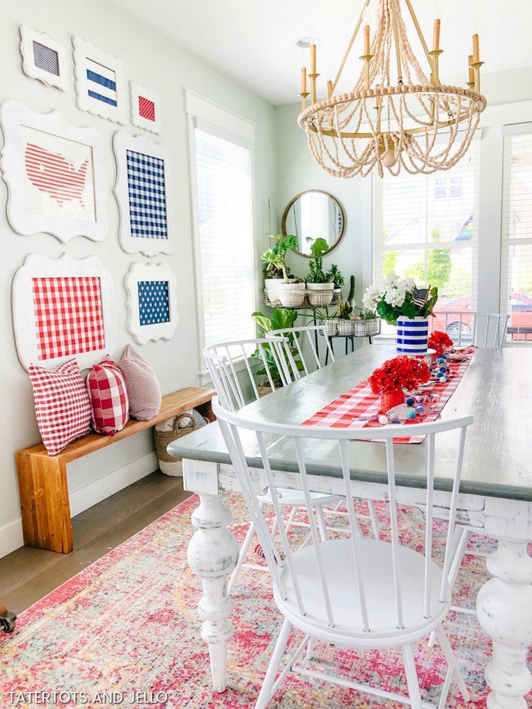 Fourth of July red white and blue gallery wall DIY. Show off red white and blue fabrics in thrifted frames to create a festive statement wall in any room in your home! 