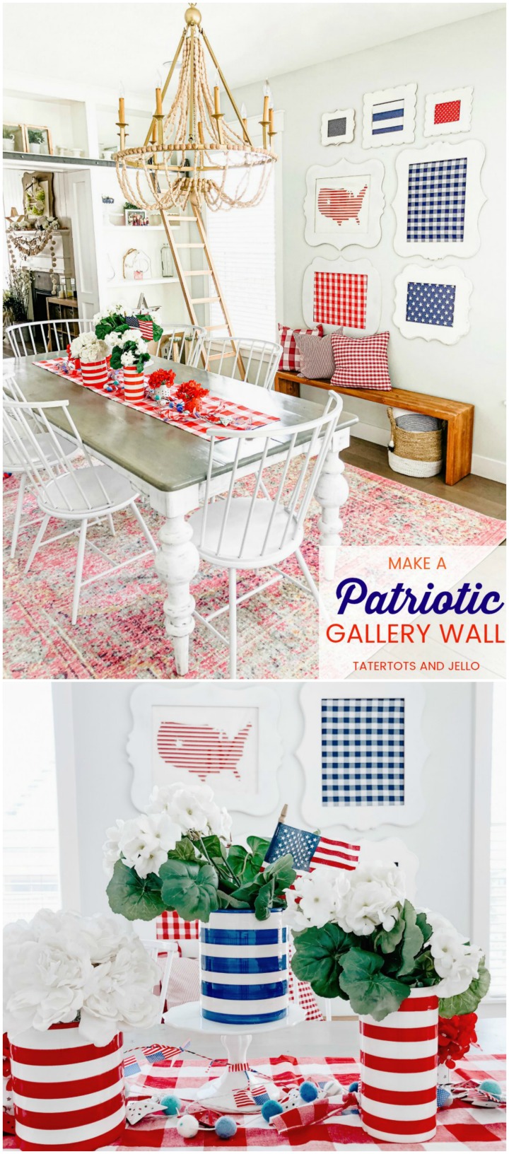 Fourth of July red white and blue gallery wall DIY. Show off red white and blue fabrics in thrifted frames to create a festive statement wall in any room in your home!