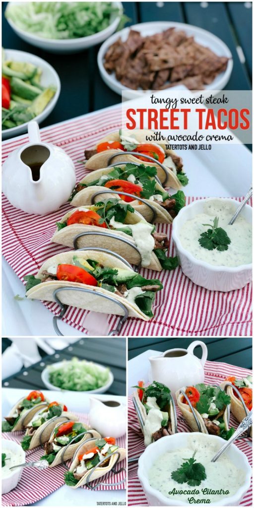 angy Sweet Steak Street Tacos with Avocado Cilantro Crema. Combine the sweetness of honey with tangy steak and a creamy Mexican sour cream crema avocado cilantro sauce in these delicious street tacos.