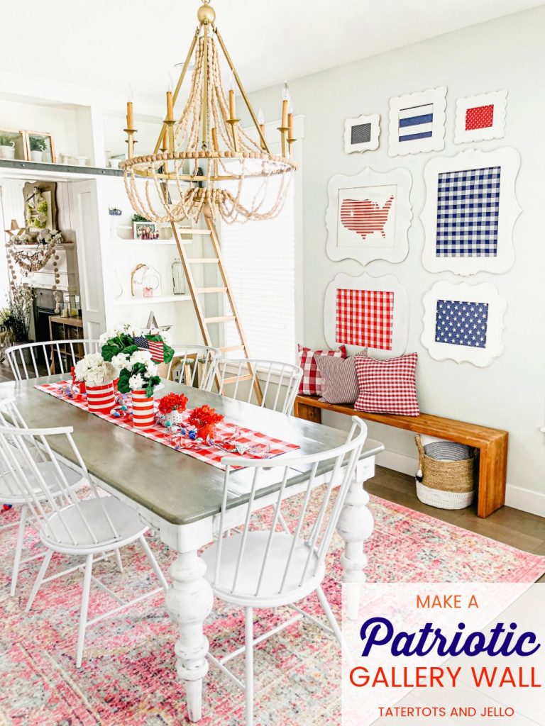 Fourth of July red white and blue gallery wall DIY. Show off red white and blue fabrics in thrifted frames to create a festive statement wall in any room in your home! 