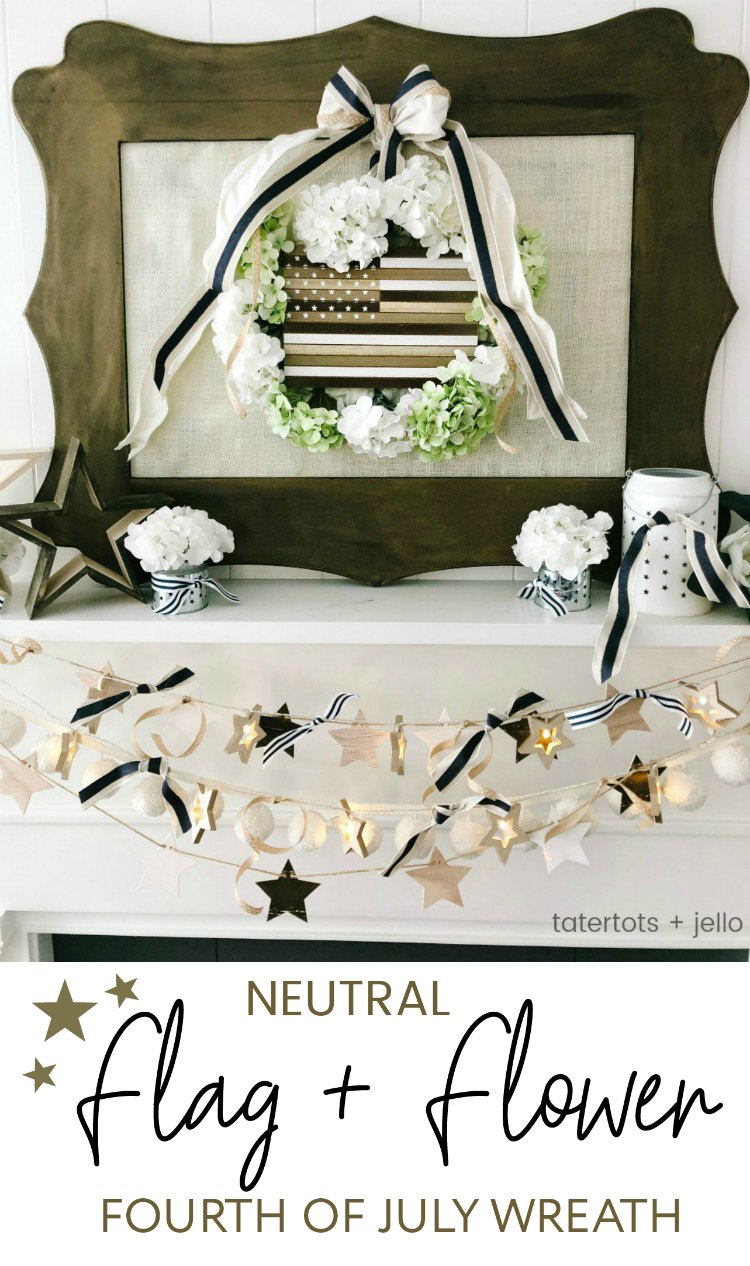 Neutral Wood Flag and Flower Fourth of July Wreath. Create a simple flower wreath with a wood flag in just minutes. Perfect for farmhouse or cottage decor! ﻿