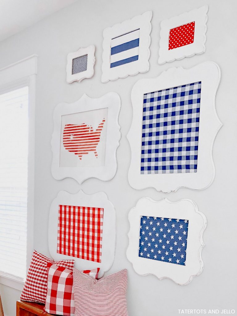 Fourth of July red white and blue gallery wall DIY. Show off red white and blue fabrics in thrifted frames to create a festive statement wall in any room in your home! 