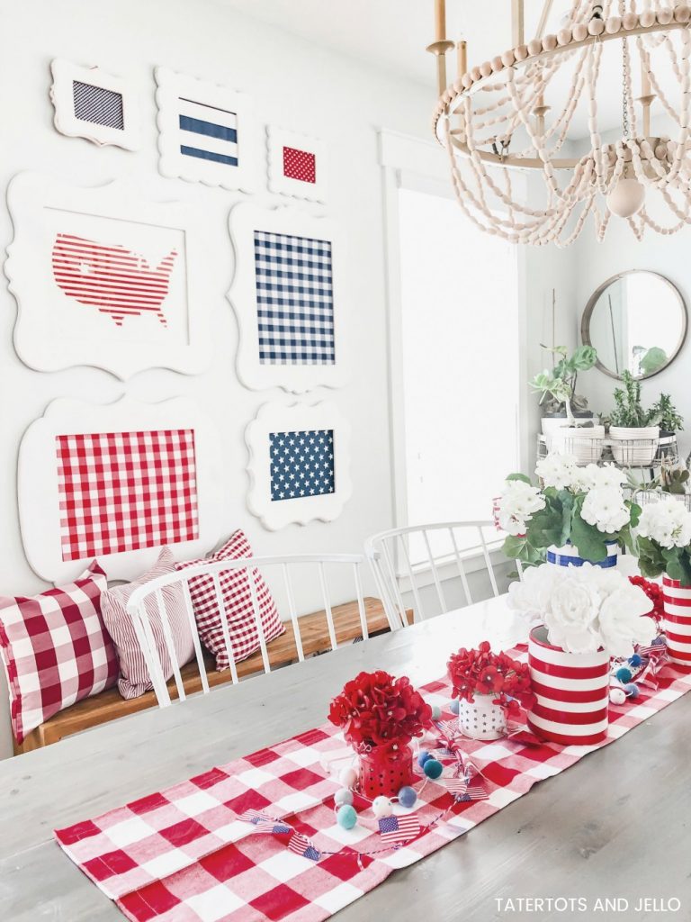 Fourth of July red white and blue gallery wall DIY. Show off red white and blue fabrics in thrifted frames to create a festive statement wall in any room in your home! 