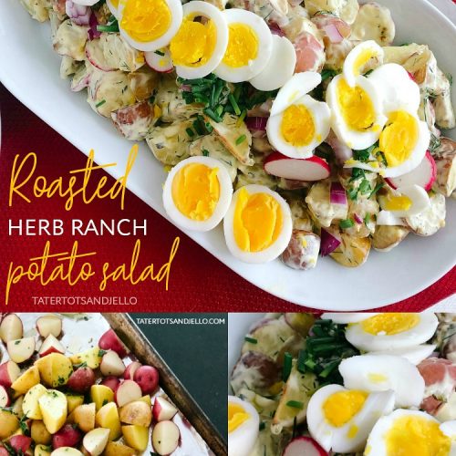 Roasted Herb Ranch Potato Salad. Flavorful herbs and potatoes are roasted, combined with crunchy veggies and a mouth-watering herbed ranch sauce for a potato salad that is out of this world!