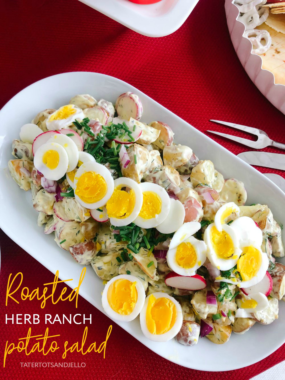 Roasted Herb Ranch Potato Salad. Flavorful herbs and potatoes are roasted, combined with crunchy veggies and a mouth-watering herbed ranch sauce for a potato salad that is out of this world!