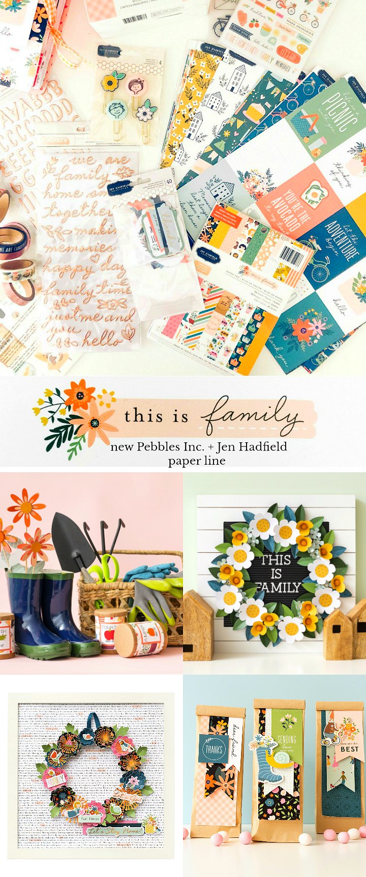 This is family paper line from Pebbles Inc and Jen Hadfield. Family traditions and bright embellishments.