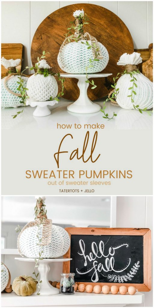 How to make easy fall sweater pumpkins. Use inexpensive dollar store pumpkins and transform them into beautiful decor with thrifted sweaters!