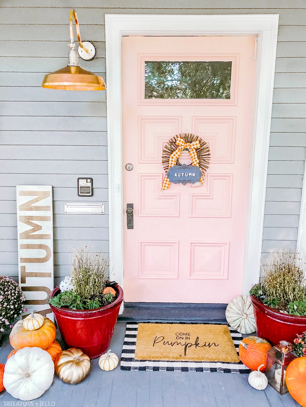 Copper and Gold Fall Porch Decorating Ideas! Celebrate Fall with a metallic pop of copper and gold. Easy ways to create a welcoming Autumn porch. 