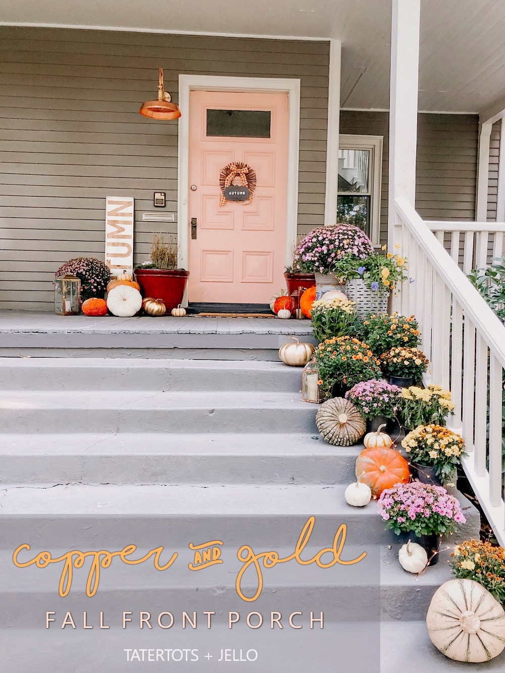 Copper and Gold Fall Porch Decorating Ideas! Celebrate Fall with a metallic pop of copper and gold. Easy ways to create a welcoming Autumn porch. 