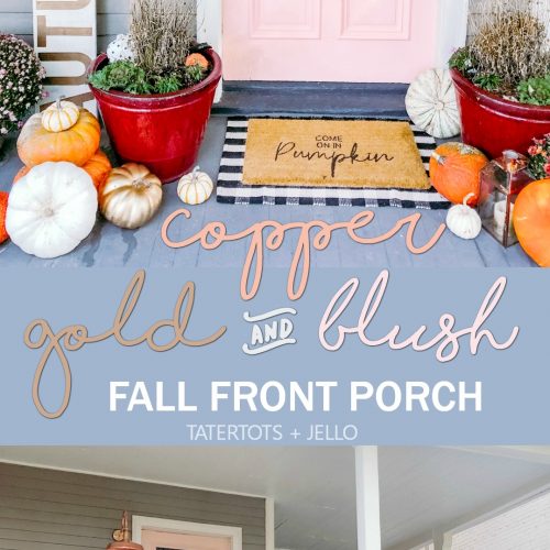 Copper, Gold and Blush Fall Porch Decorating Ideas! Celebrate Fall with a metallic pop of copper, gold and Blush. Easy ways to create a welcoming Autumn porch.