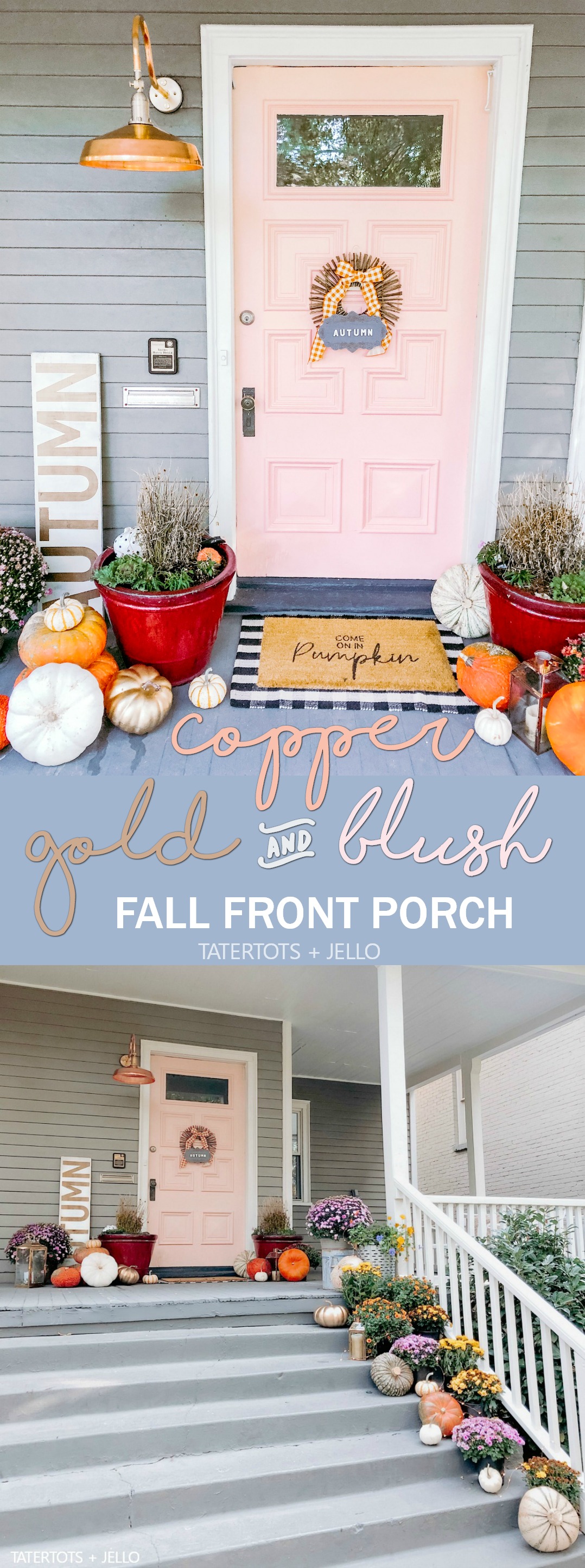 Copper, Gold and Blush Fall Porch Decorating Ideas! Celebrate Fall with a metallic pop of copper, gold and Blush. Easy ways to create a welcoming Autumn porch. 
