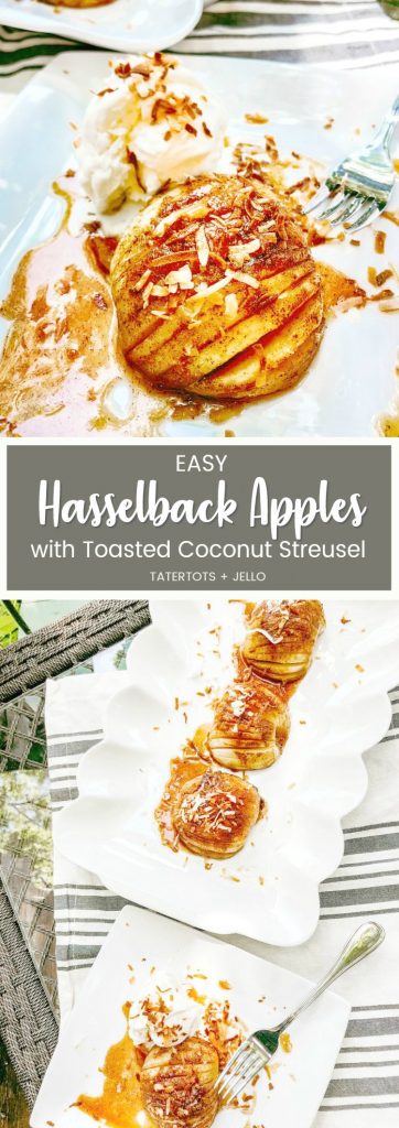 Hasselback Apples with toasted Coconut Streusel Topping. Delicate apple layers are filled with a rich, cinnamon caramel sauce and topped with crunchy coconut streusel topping in this easy recipe! ﻿