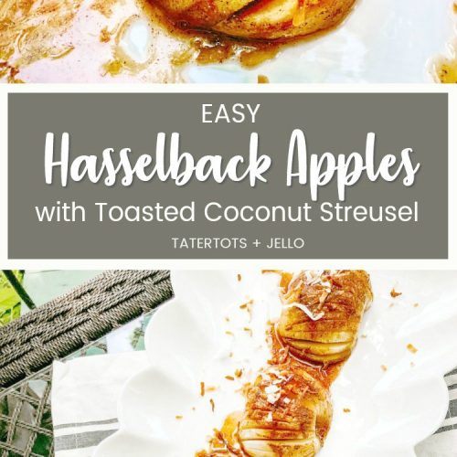 Hasselback Apples with toasted Coconut Streusel Topping. Delicate apple layers are filled with a rich, cinnamon caramel sauce and topped with crunchy coconut streusel topping in this easy recipe! ﻿