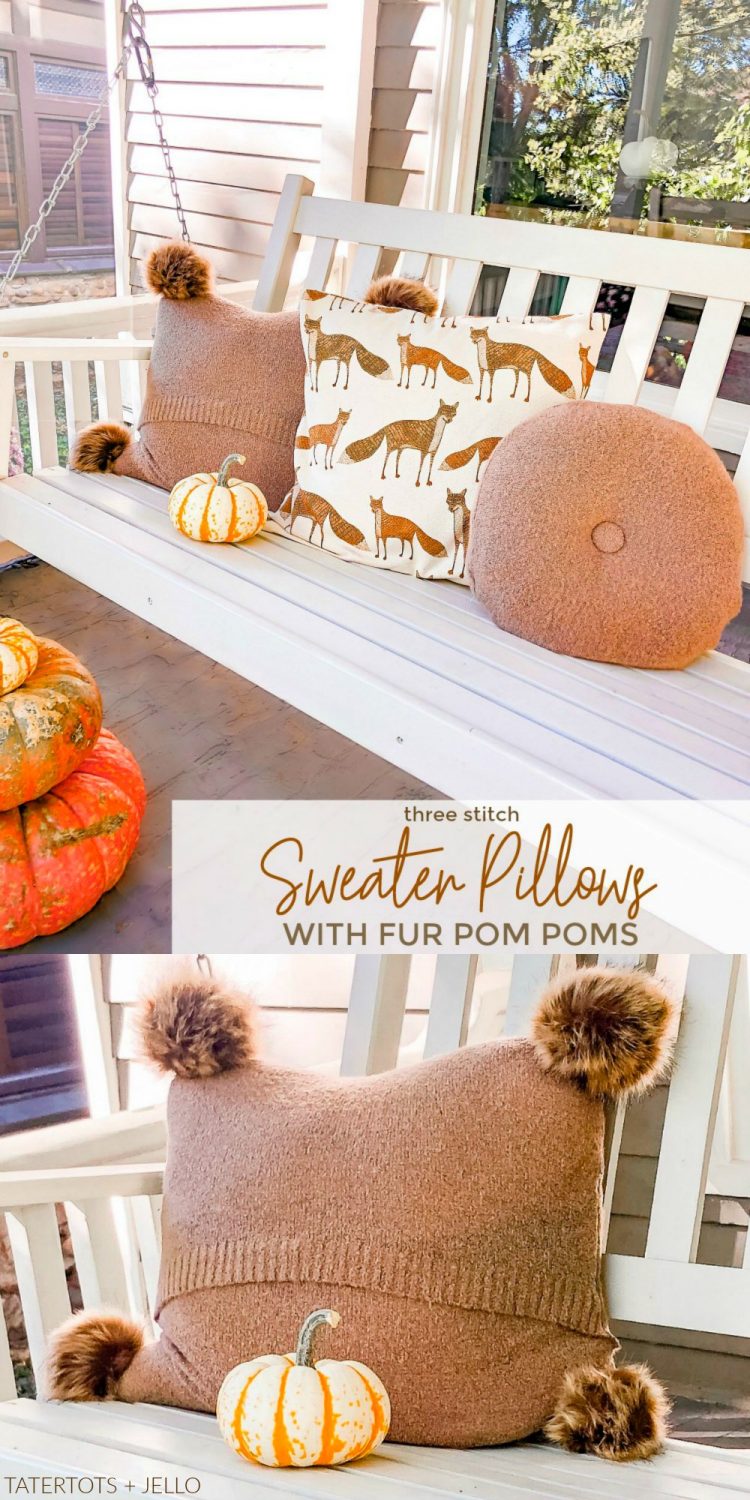 how to upcycle sweaters into luxury sweater pillows with fur pom poms