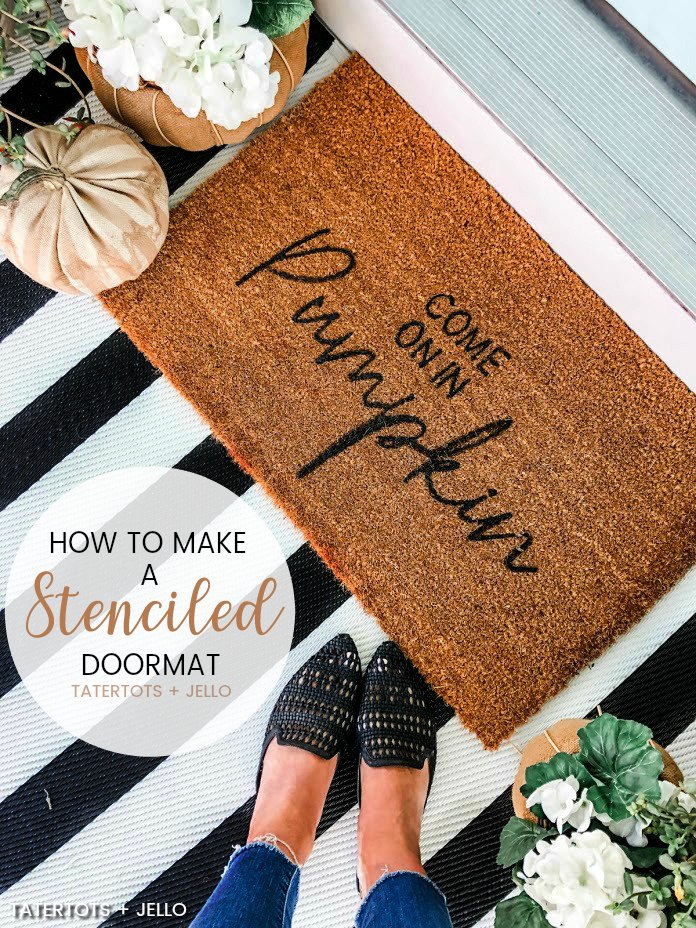 Make an Easy Fall Stenciled Doormat! All you need is a plain doormat and paint to create a welcoming doormat for Fall.