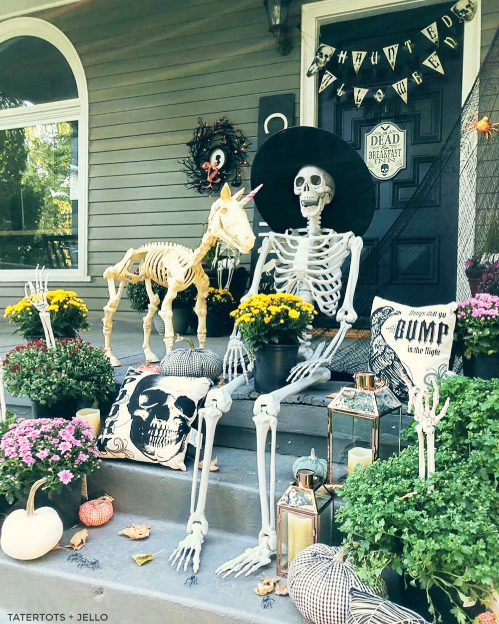 7 Easy Ways to Create a Spooky Skeleton Halloween Porch! Add fresh flowers, lanterns, signs, banners and wreaths to create the perfect spooky Halloween porch! 