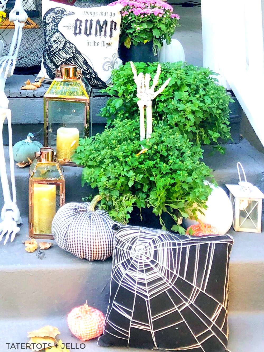 7 Easy Ways to Create a Spooky Skeleton Halloween Porch! Add fresh flowers, lanterns, signs, banners and wreaths to create the perfect spooky Halloween porch! 