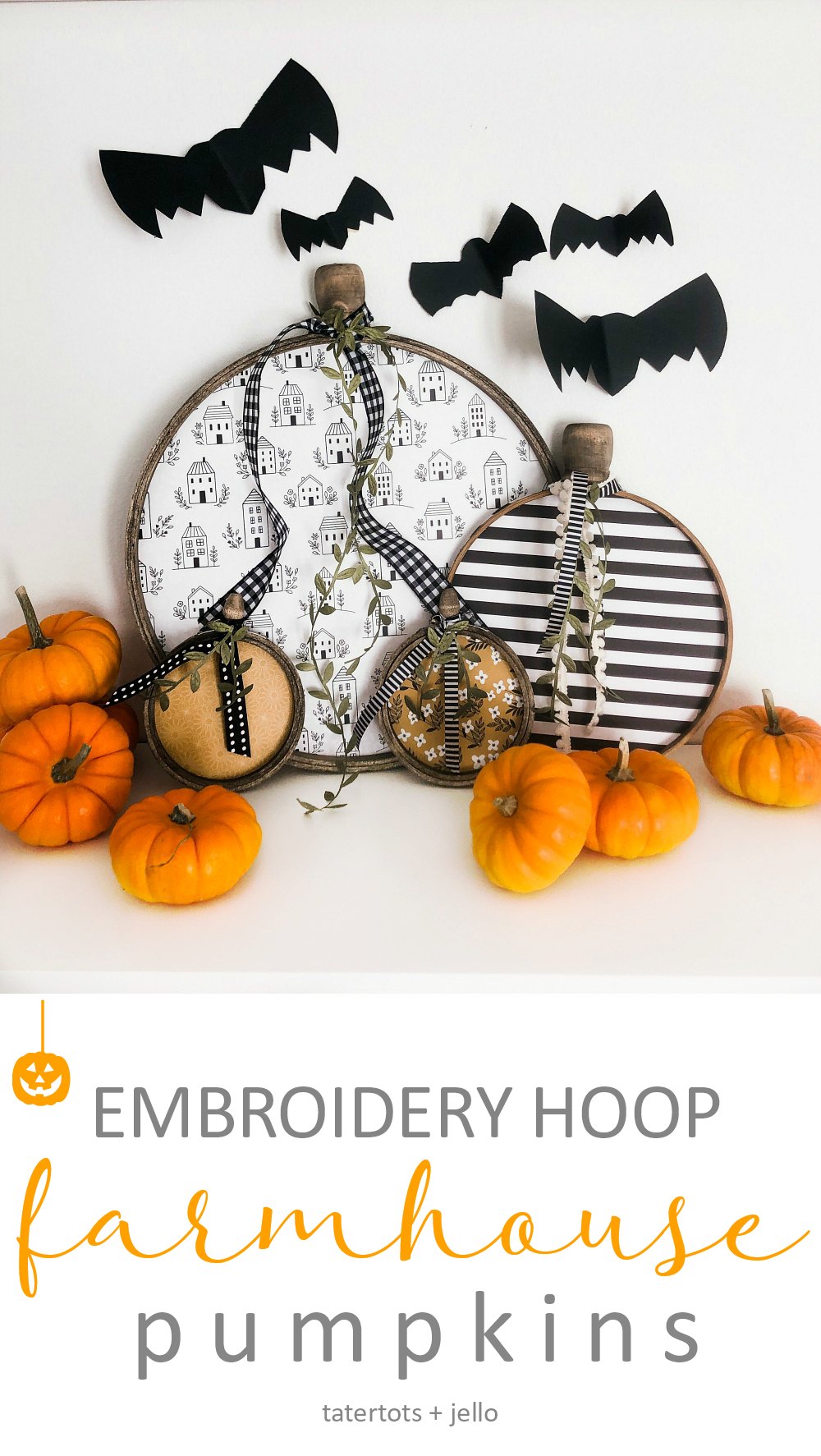 Embroidery Hoop Farmhouse Pumpkins. Turn embroidery hoops pretty and paper into adorable pumpkins you can display all fall long!