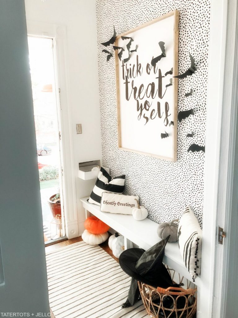 6 Ways to Create a Modern Farmhouse Halloween Entryway. Just because a space is small, doesn't mean it can't be BIG on style. Use removable wallpaper, spooky accents and an over-sized print to create a delightful Halloween space! 