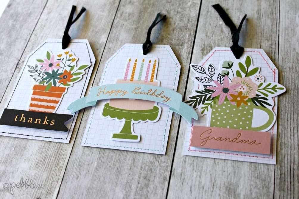 5-Minute handmade gift tags with Stitched Edges! Create adorable handmade tags in minutes with This is Family scrapbook line and sewn edges.