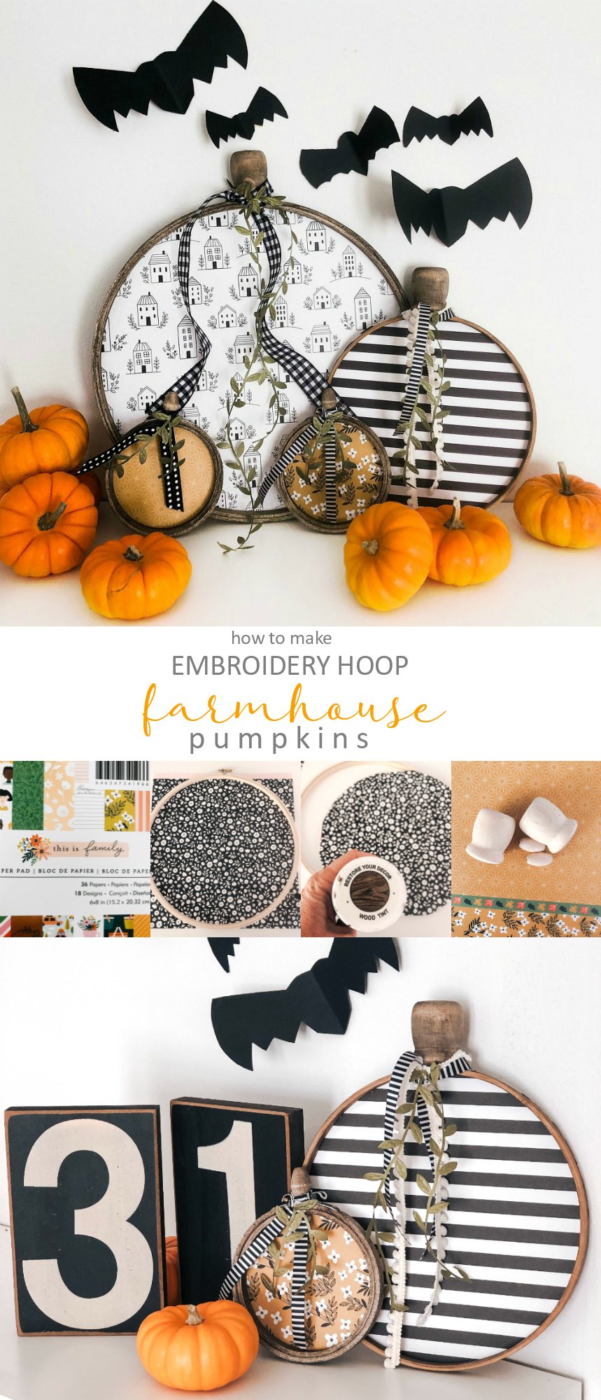 Embroidery Hoop Farmhouse Pumpkins. Turn embroidery hoops pretty and paper into adorable pumpkins you can display all fall long! 