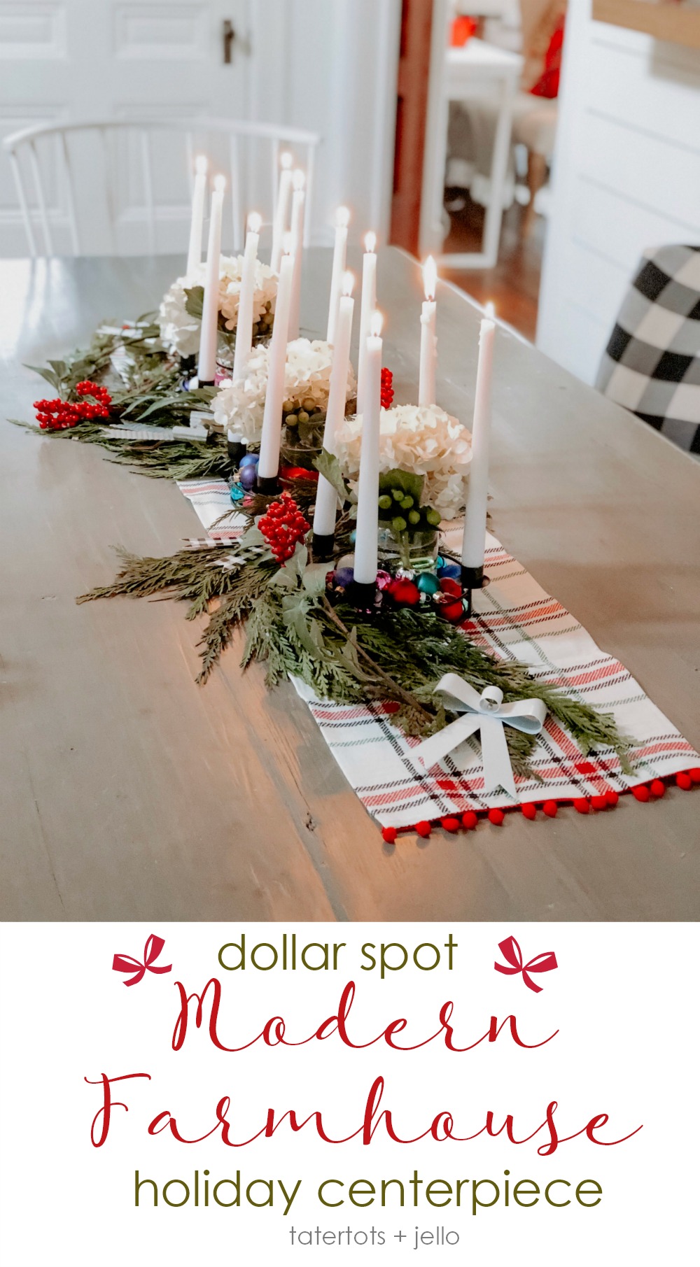 Dollar Spot Modern Farmhouse Holiday Centerpiece. How to make an easy Christmas centerpiece with a few items from Target's Dollar Spot. ﻿