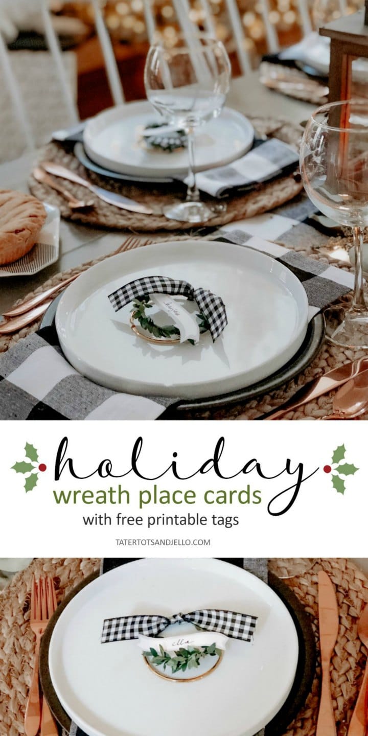 Holiday Place Card Wreaths with Printable Tags! Wow your holiday guests with a beautiful table and EASY personalized wreath place cards!