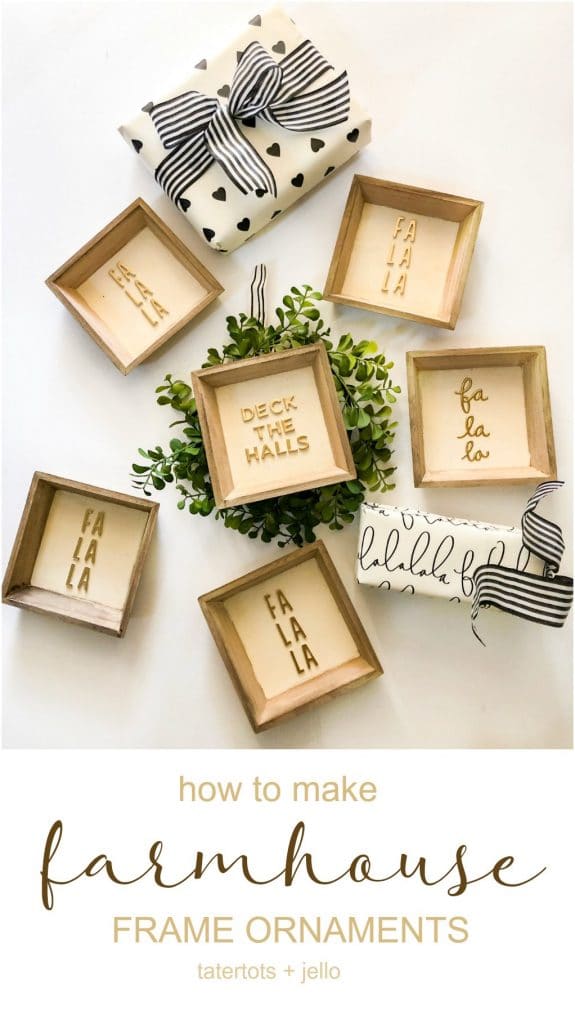 Farmhouse Christmas Sign Ornaments DIY. Create neutral farmhouse-style ornaments with $1 frames and thickers. It's so easy and goes with any decor!