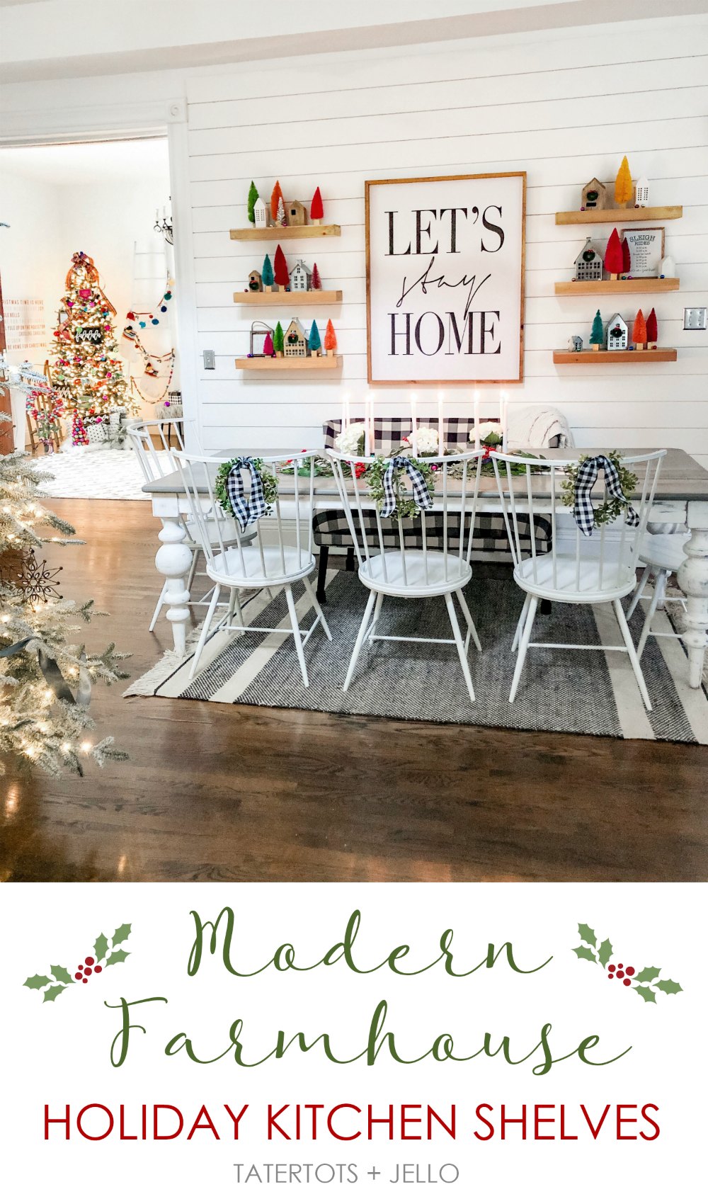 Holiday Kitchen Shelves. Create a modern farmhouse kitchen nook with an upholstered bench and floating wood shelves, decorated for the holidays!﻿