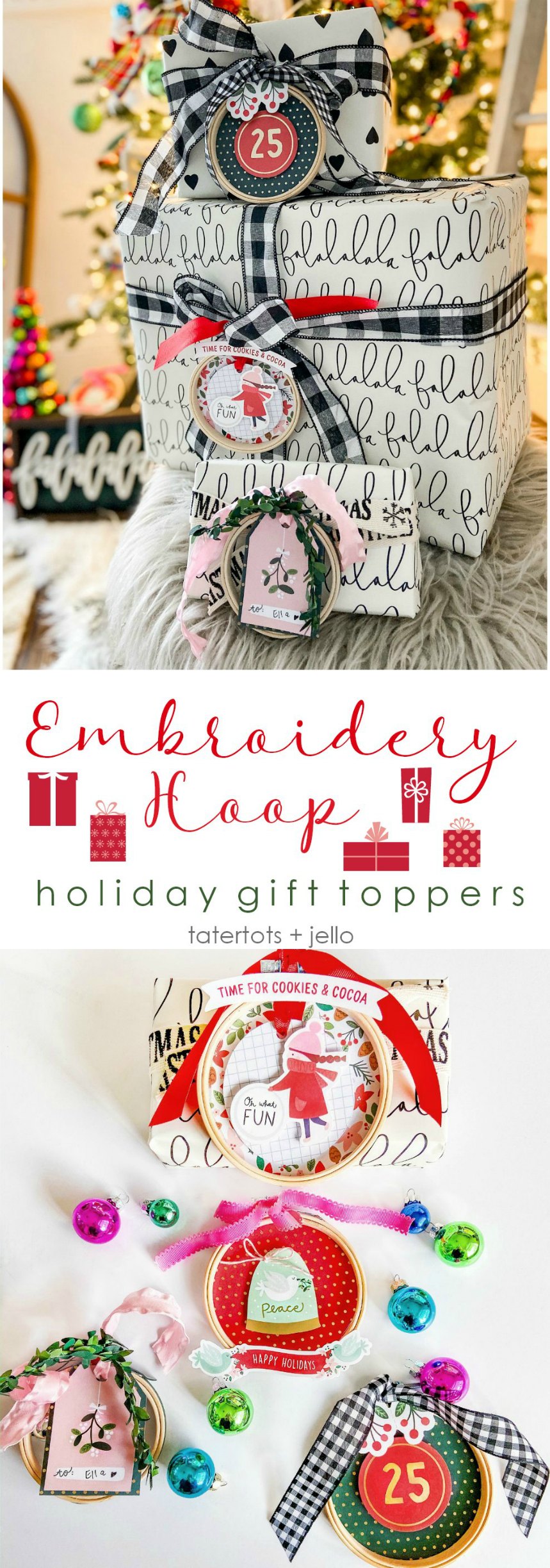 Embroidery Hoop Holiday Gift Toppers. Create adorable holiday gift toppers ornaments with embroidery hoops and paper! They can be used each year as ornaments.
