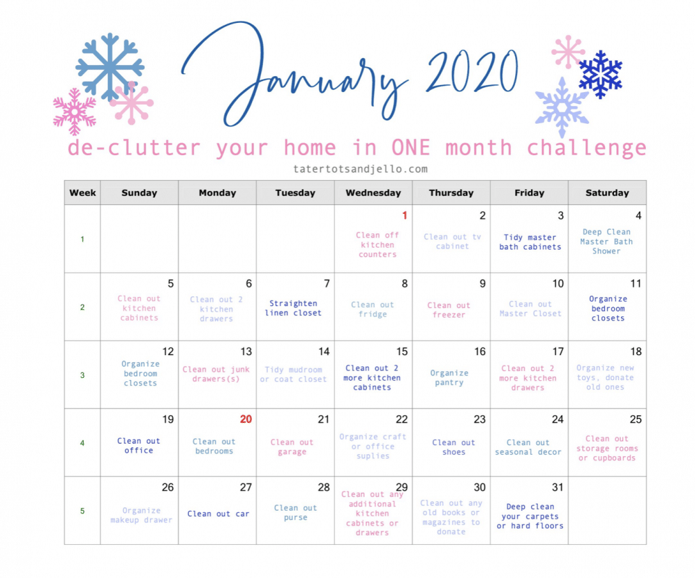 January Declutter Organization Challenge with printable calendar