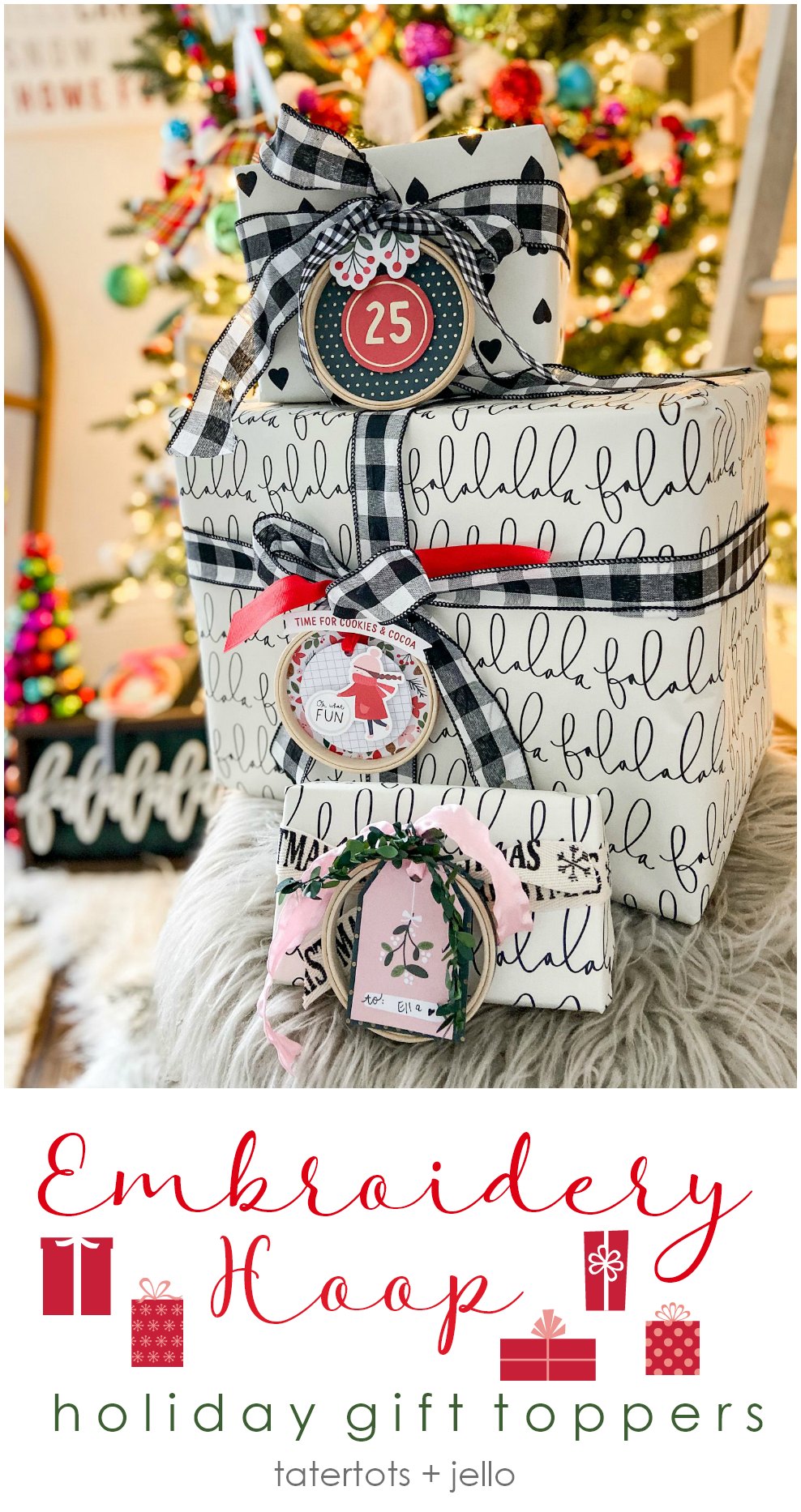 Embroidery Hoop Holiday Gift Toppers. Create adorable holiday gift toppers ornaments with embroidery hoops and paper! They can be used each year as ornaments.