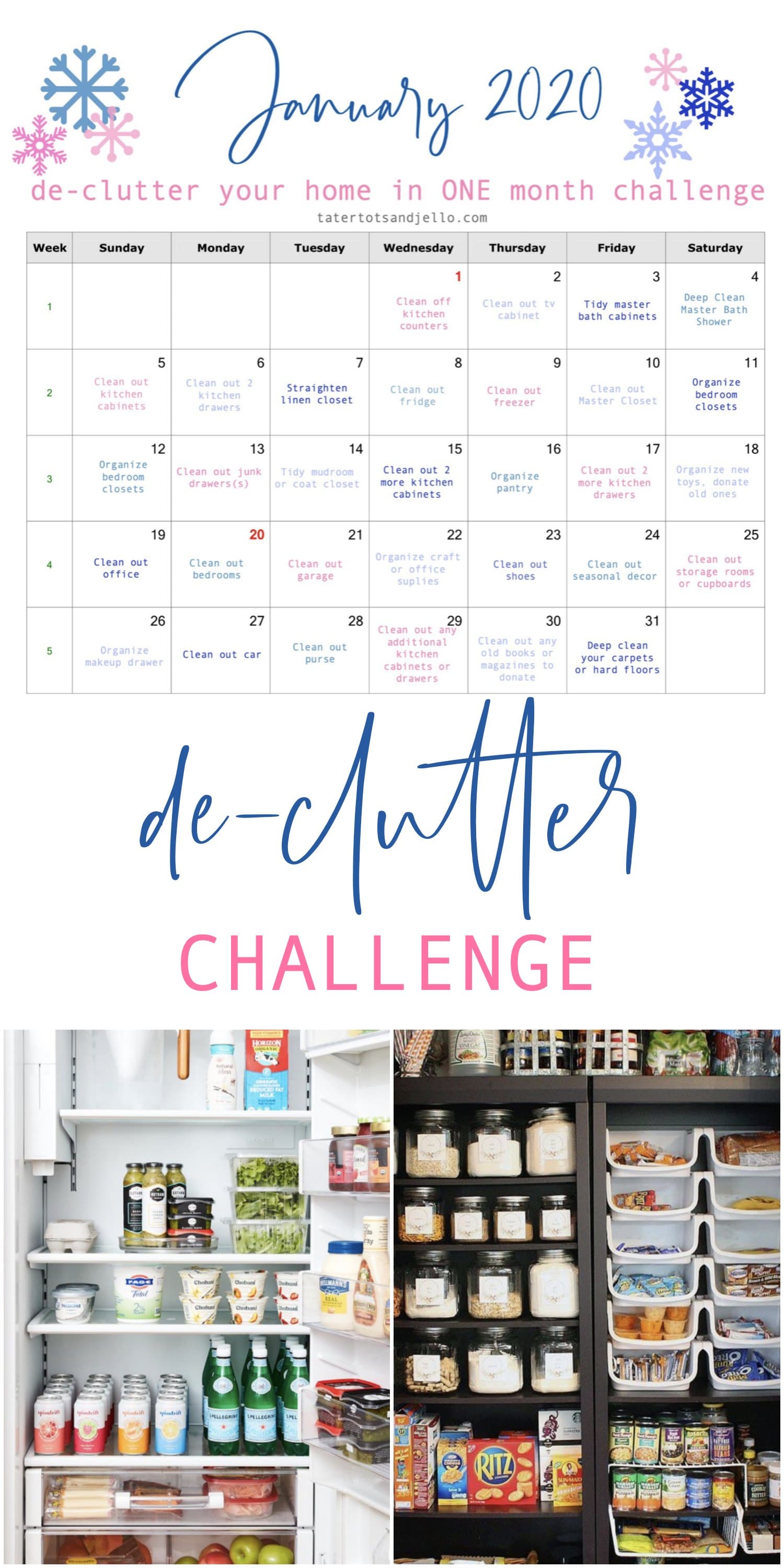 January 2020 Organization Challenge with free printable calendar! Organize your home, one space at a time, and have it all done in ONE month. ﻿