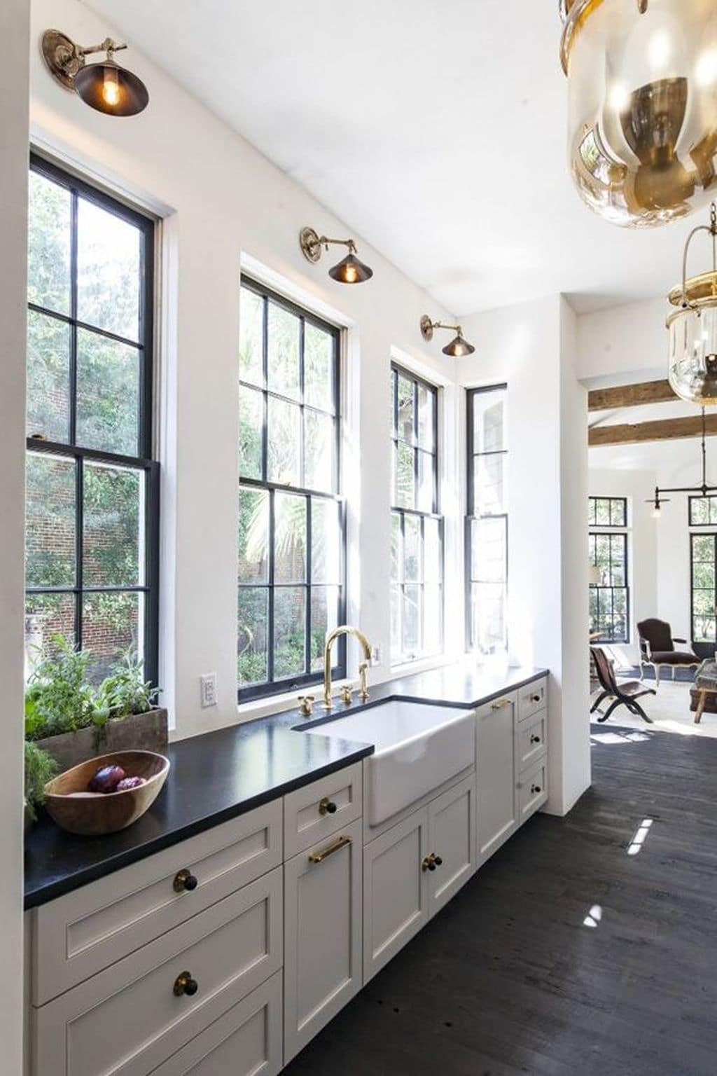 Black Casement Windows Above Kitchen Sink Complement Dark-Colored Island