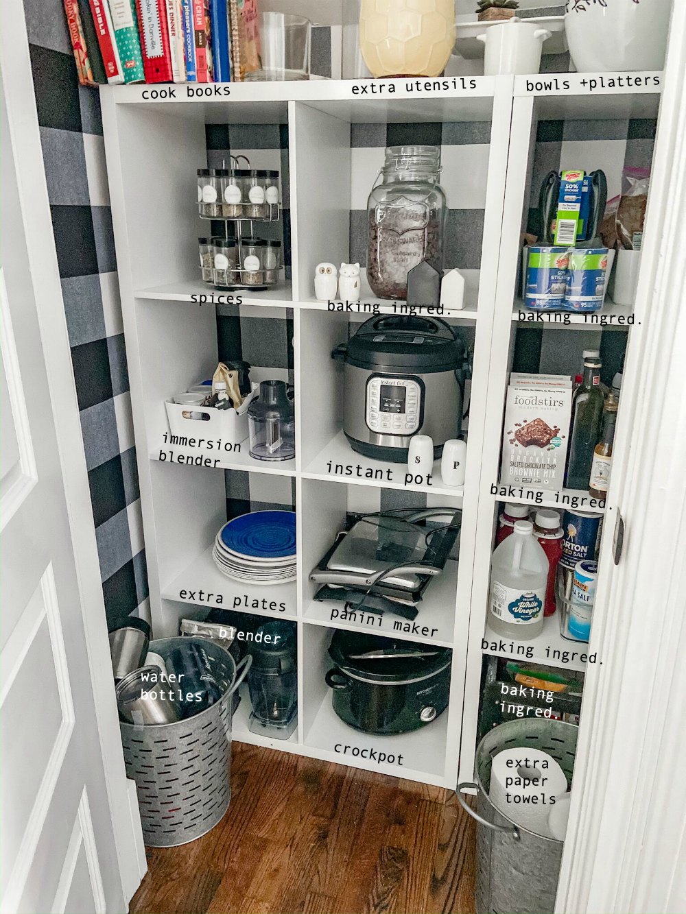 Closet to organized pantry with buffalo check wallpaper and white shelves in one hour. 