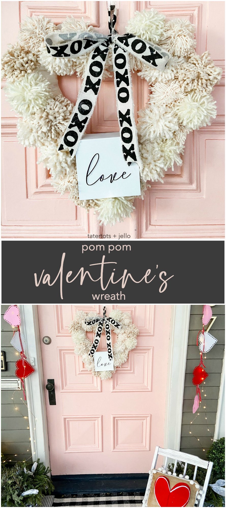 Farmhouse Valentine's Day wreath. How to Make a Valentine Heart Pom Pom Yarn Wreath. Brighten up your door this winter with a textured pom pom wreath for valentine's Day!