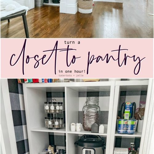 Turn a Closet into a Pantry in one hour! Get organized by turning a coat closet into a pantry in this project that can be put together in one hour! #organization #kitchenpantry #kitchenorganization #organized
