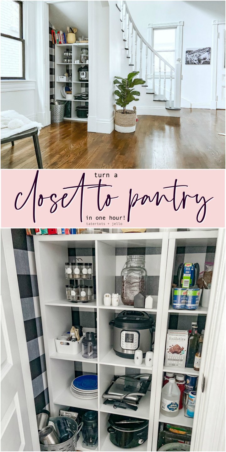 Turn a Closet into a Pantry in one hour! Get organized by turning a coat closet into a pantry in this project that can be put together in one hour! #organization #kitchenpantry #kitchenorganization #organized