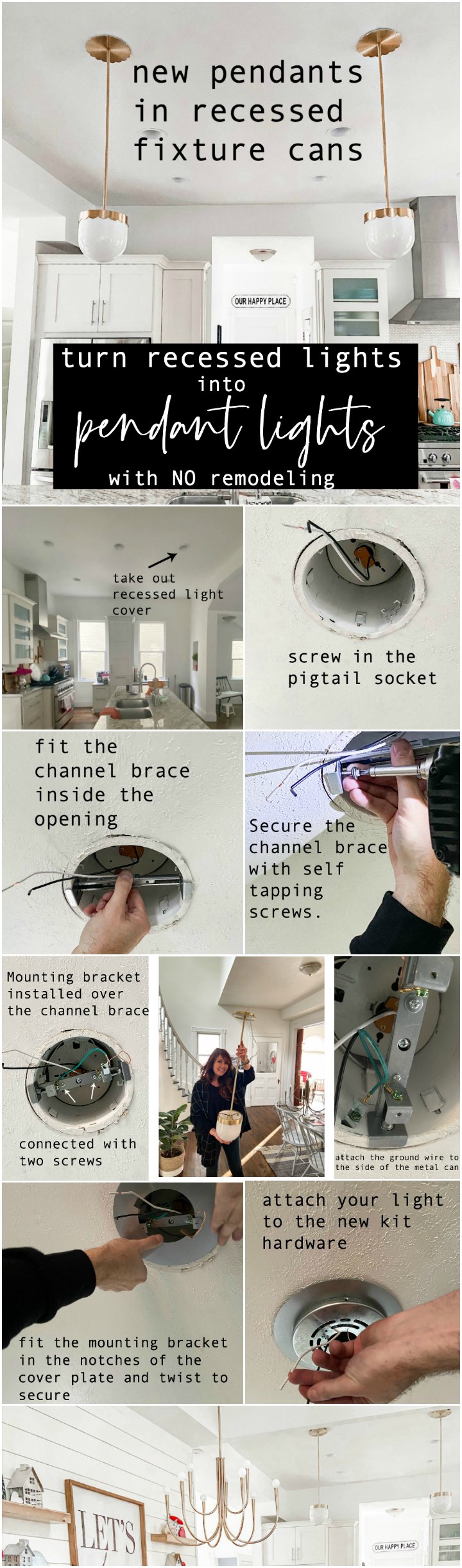 How to convert recessed lights to pendant lights or chandeliers with NO remodeling. 