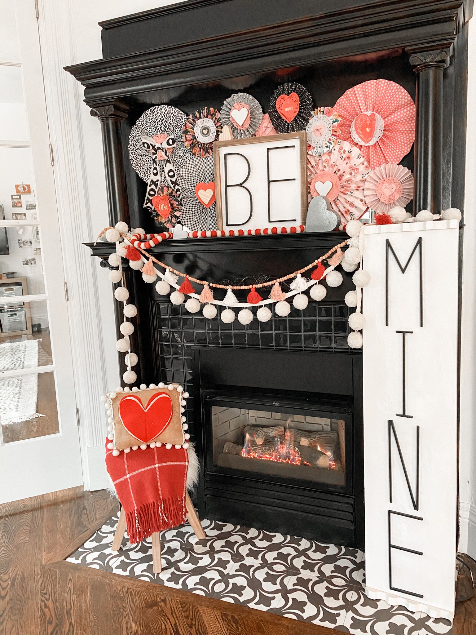 Valentine's Day Paper Medallion Mantel. Create a colorful Valentine's Day Mantel with DIY paper medallions and handmade Be Mine Signs! 