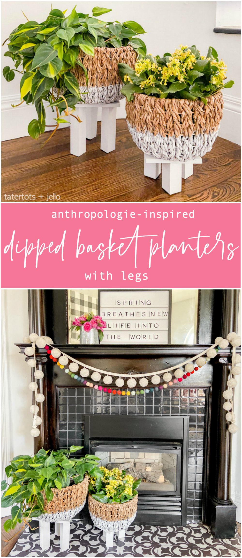Anthropologie-inspired basket planters with legs. Raise your plants off the ground for better display with these DIY dip-dyed basket planters! 