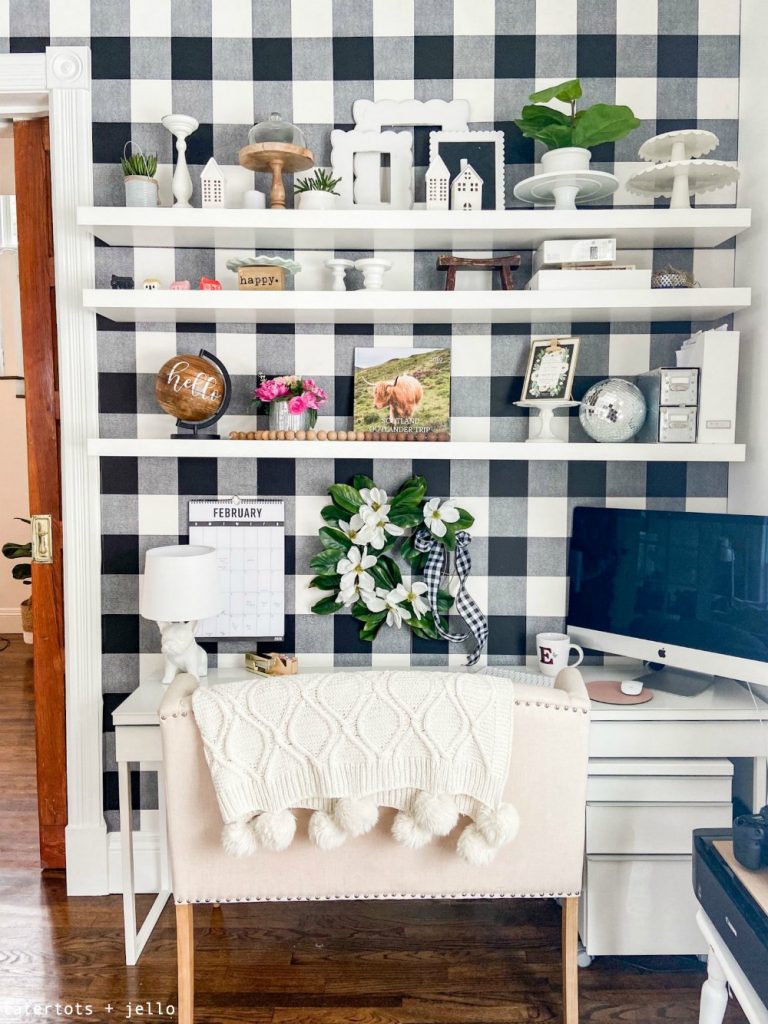 Black and White Plaid Office Craft Room Remodel - three work zones!