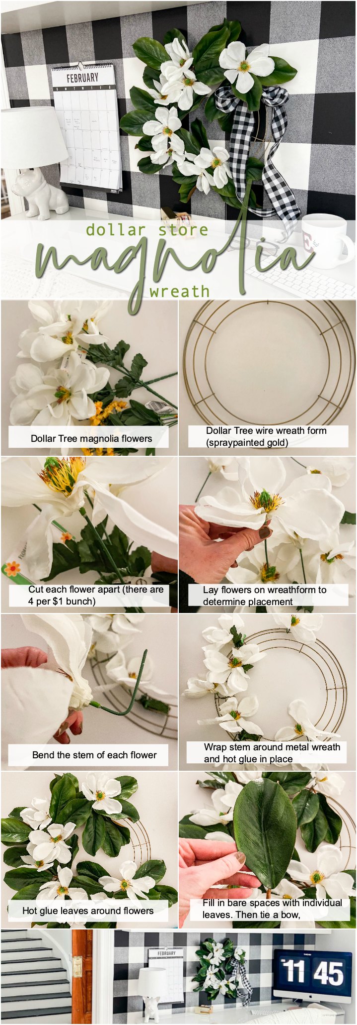 Dollar Store Magnolia Farmhouse Wreath. Make a gorgeous farmhouse-style wreath for a few dollars with items from the dollar store! 