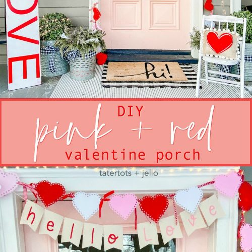 Pink and Red Valentine's Porch. Make a DIY garland, sign, banner, pillow and wreath to create a bright and colorful porch for Valentine's Day! ﻿