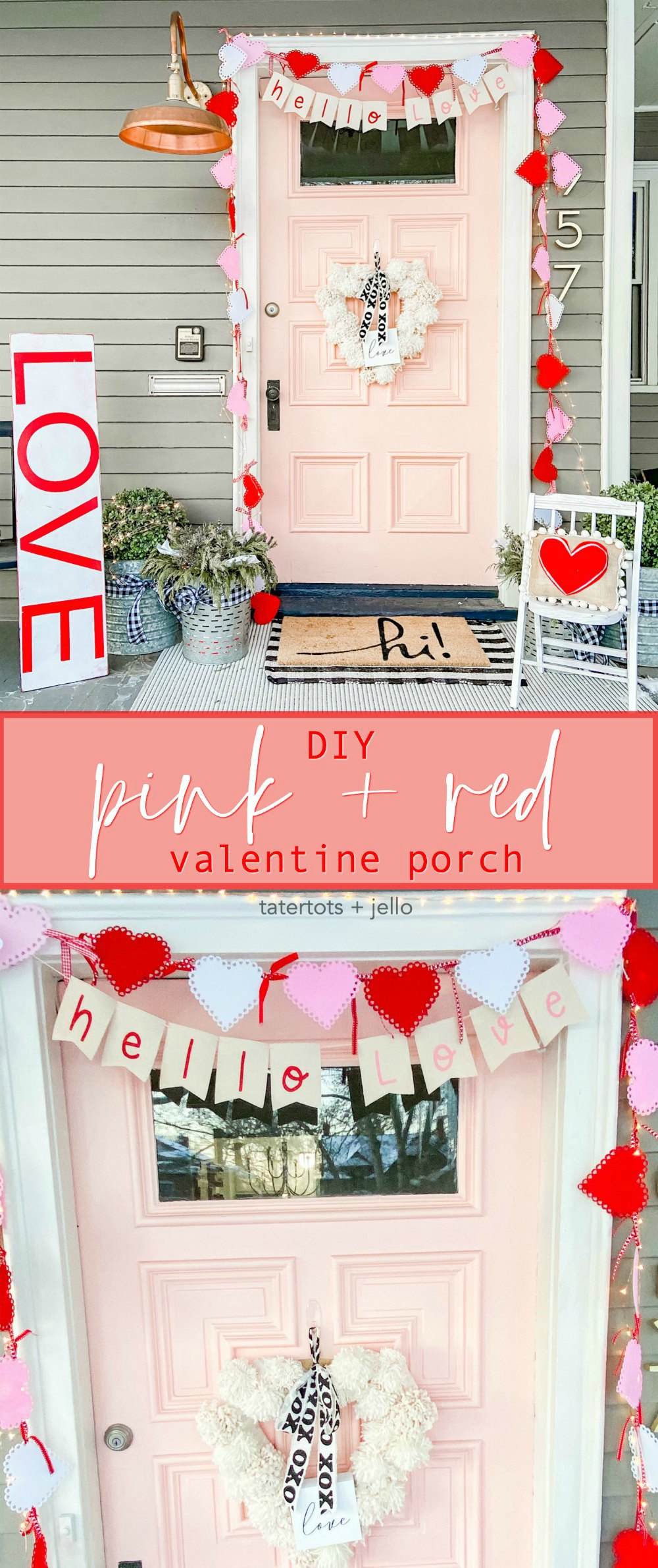 Pink and Red Valentine's Porch. Make a DIY garland, sign, banner, pillow and wreath to create a bright and colorful porch for Valentine's Day! ﻿