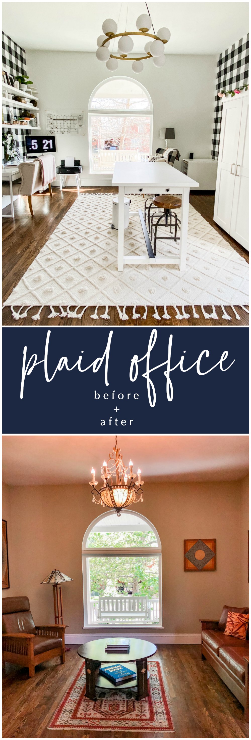 Black and White Plaid Office Craft Room Remodel. Removable wallpaper, new lighting, adding an office nook and storage make a beautiful, multi-use work space on a budget! 