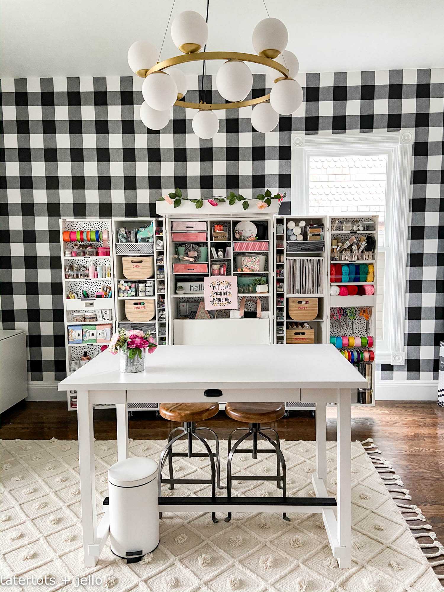 Black And White Plaid Office Craft Room Remodel Three Work Zones