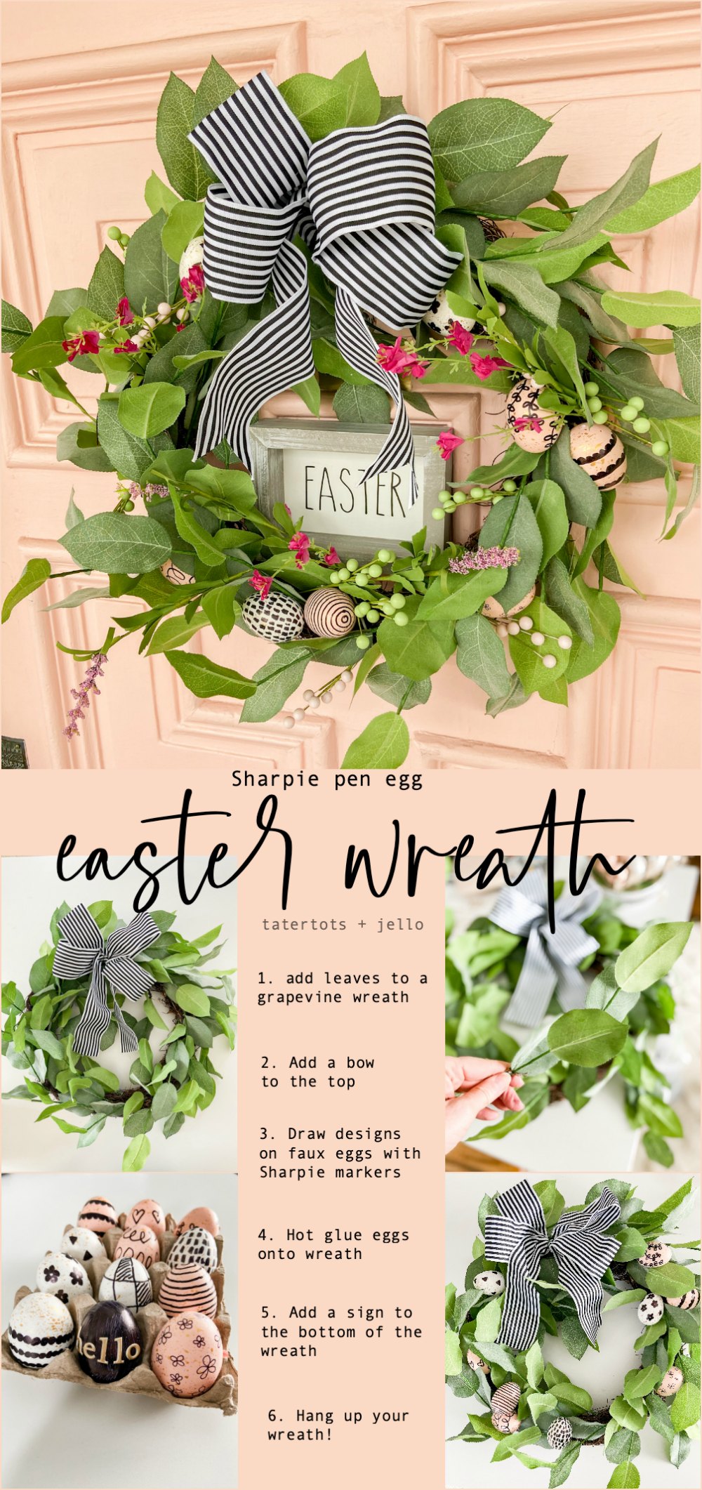 Farmhouse Spring Sharpie Egg Wreath. Create a vibrant Spring Wreath with sharpie eggs for a black and white farmhouse take on Spring!