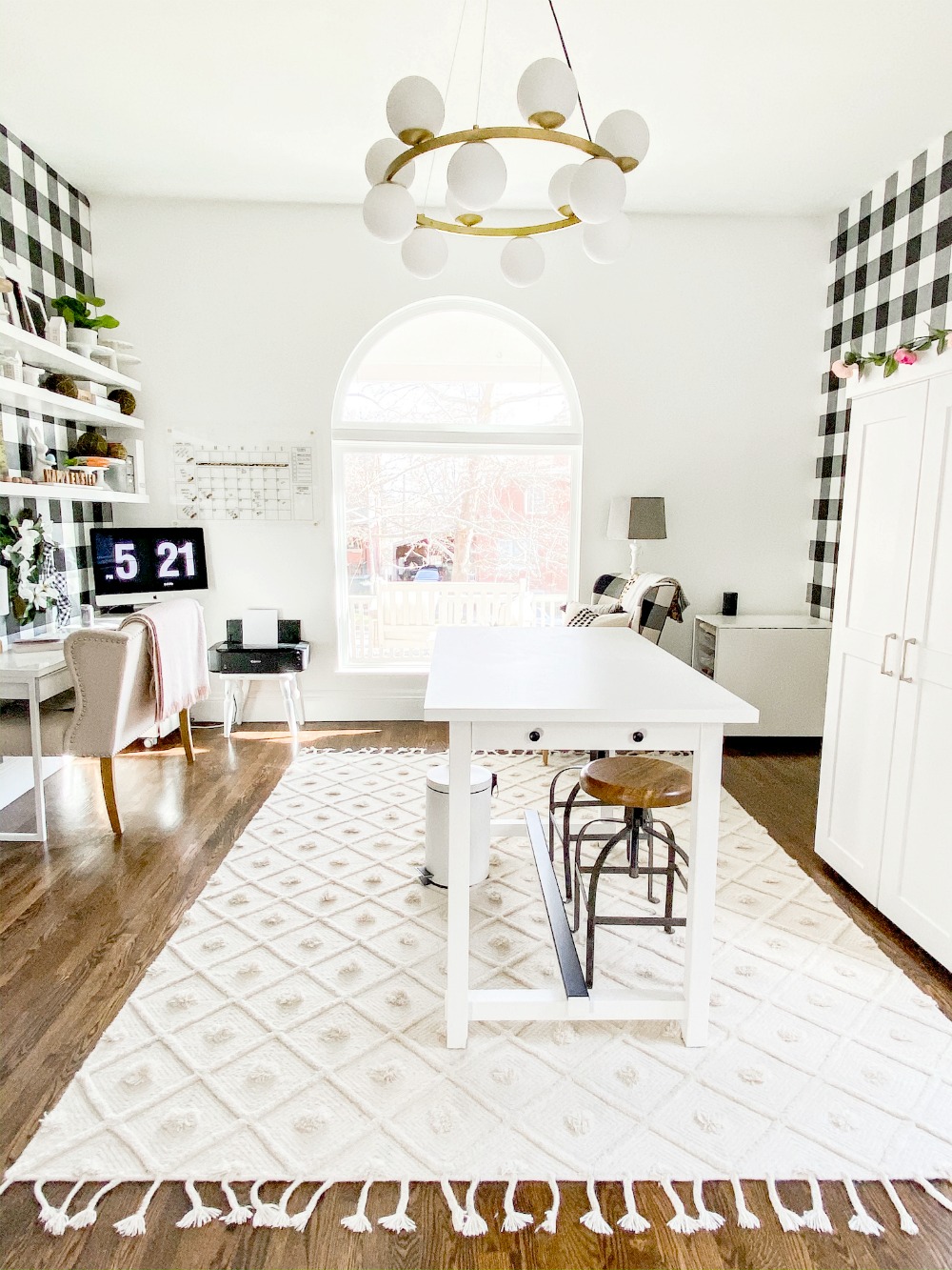 Black and White Plaid Office Craft Room Remodel. Removable wallpaper, new lighting, adding an office nook and storage make a beautiful, multi-use work space on a budget! 